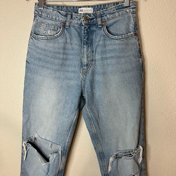 Zara blue ripped distressed high rise button fly straight leg jeans 6 - Picture 2 of 6